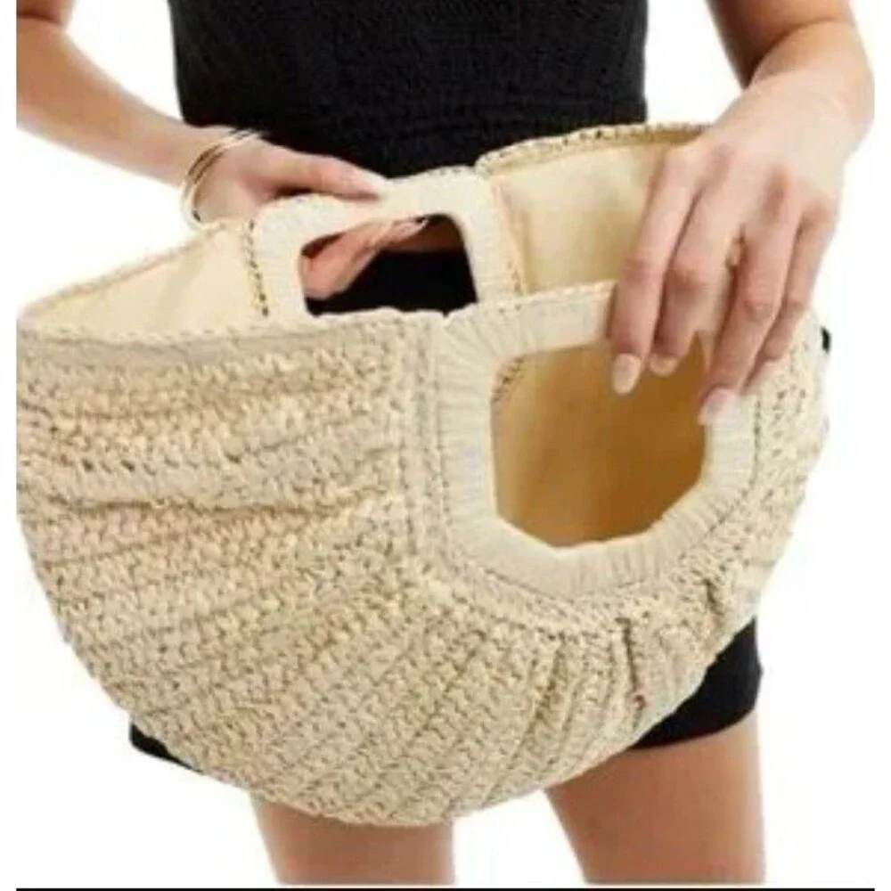 RAMLA Designer Raffia Woven Half Moon Handbag Straw Resort Beach Bag NEW